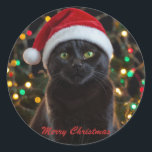 Christmas Black Cat - Santa Hat パーソナライズされた写真 ラウンドシール<br><div class="desc">Christmas Black Cat - Santa Hat写真パーソナライズされた撮クラシック影シール</div>