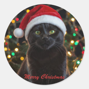 Christmas Black Cat - Santa Hat パーソナライズされた写真 ラウンドシール