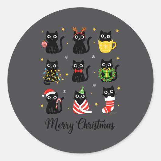 Christmas Black Cats Merry Christmas Cute Holiday  ラウンドシール (正面)