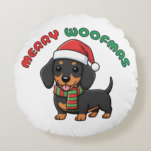 Christmas Black Dachshund: Merry Woofmas ラウンドクッション (正面)