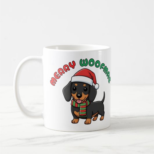 Christmas Black Dachshund Mug: Merry Woofmas コーヒーマグカップ (左)