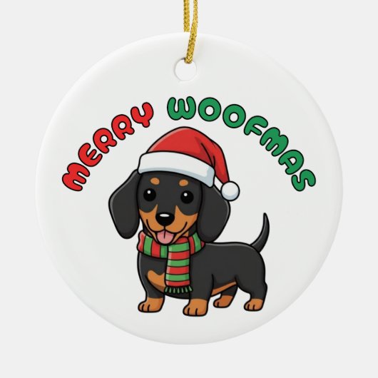 Christmas Black Dachshund Ornament: Merry Woofmas セラミックオーナメント (正面)