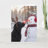 Christmas Black Labrador Retriever with Snowman カード (正面)