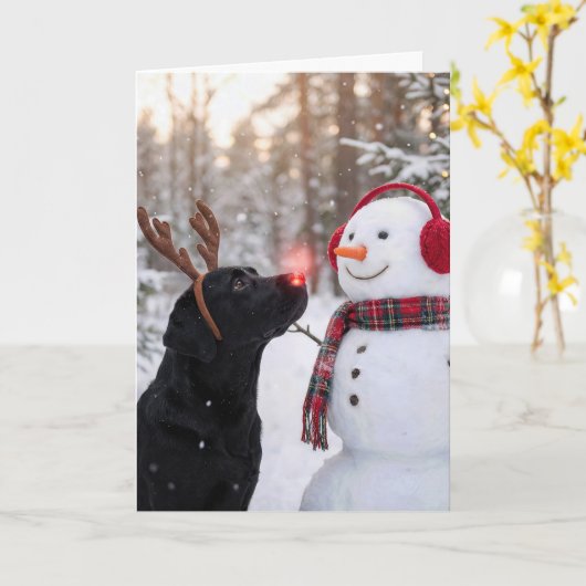 Christmas Black Labrador Retriever with Snowman カード (黄色い花)