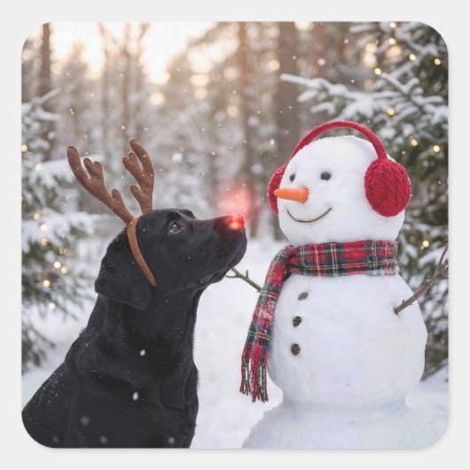 Christmas Black Labrador Retriever with Snowman スクエアシール (正面)