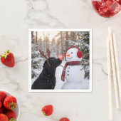 Christmas Black Labrador Retriever with Snowman スタンダードカクテルナプキン (インサイチュ)