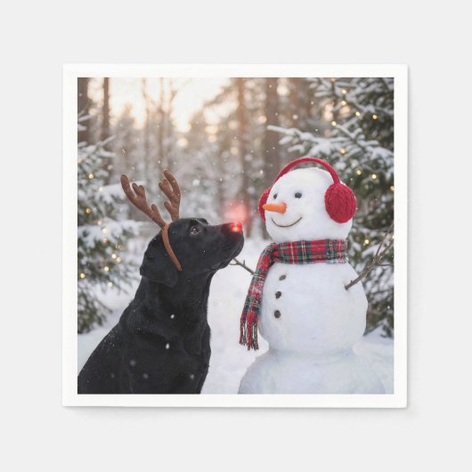 Christmas Black Labrador Retriever with Snowman スタンダードカクテルナプキン (正面)