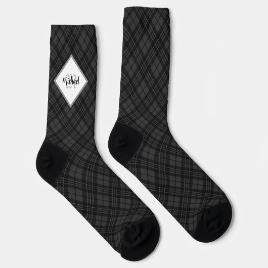 Christmas Black white tartan Personalize Monogram ソックス (右)