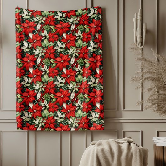 Christmas Blanket Red Poinsettia Festive Accent フリースブランケット
