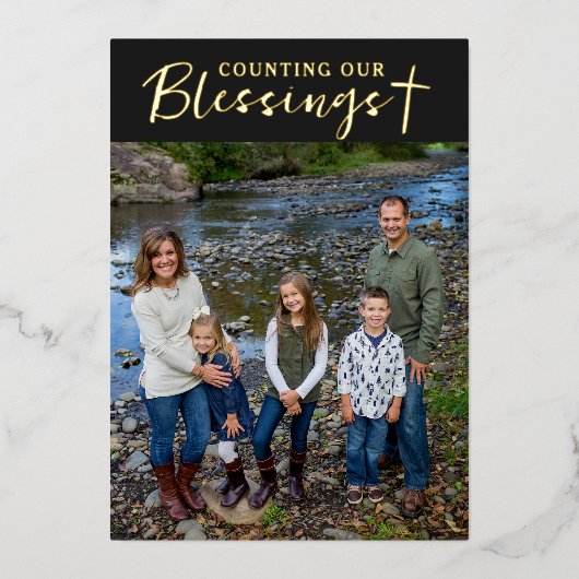 Christmas Blessings Photo Cross Script Faith Black 箔シーズンカード (正面)