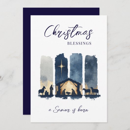 Christmas Blessings Watercolor Nativity Scene シーズンカード (正面/裏面)