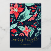 Christmas Blue Botanical Red Floral Pattern Gold 箔シーズンカード (正面)