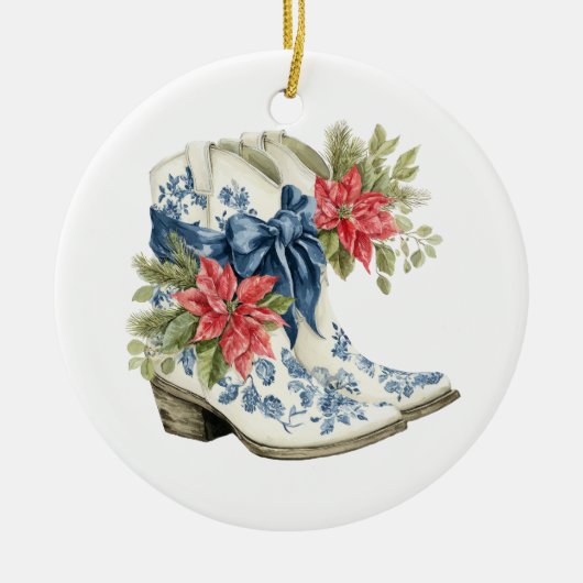 Christmas Blue Chinoiserie Cowgirl Boots セラミックオーナメント (正面)