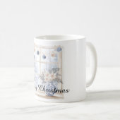 Christmas Blue Cream Ornaments Flowers Tree Window コーヒーマグカップ (正面右)