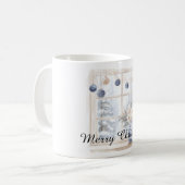 Christmas Blue Cream Ornaments Flowers Tree Window コーヒーマグカップ (正面左)