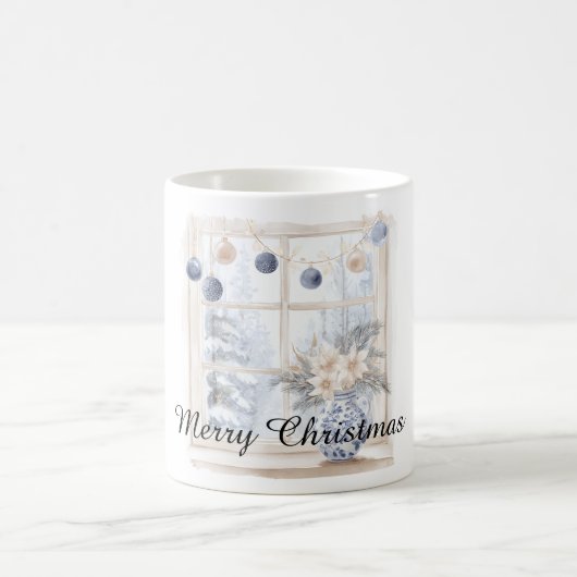 Christmas Blue Cream Ornaments Flowers Tree Window コーヒーマグカップ (中央)