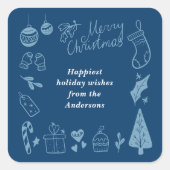 Christmas Blue Cute Festive Hand Drawn Doodles スクエアシール (正面)
