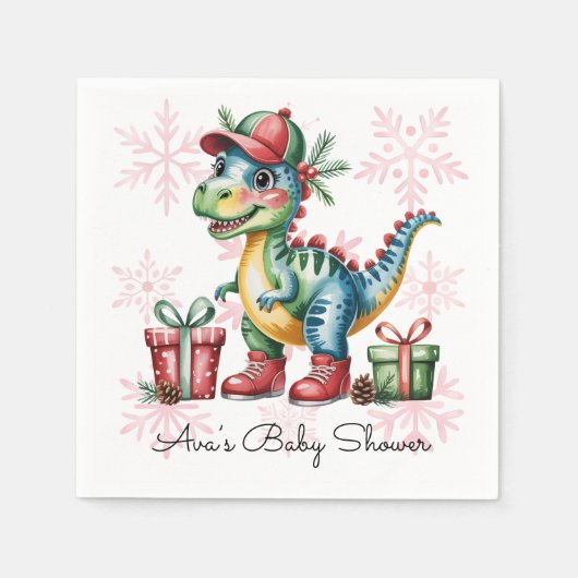 Christmas Blue Dino and Presents Boy Baby Shower スタンダードカクテルナプキン (正面)