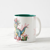 Christmas Blue Dino and Presents Boy Baby Shower ツートーンマグカップ (正面右)