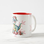 Christmas Blue Dino and Presents Boy Baby Shower ツートーンマグカップ (正面右)