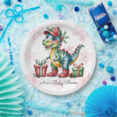 Christmas Blue Dino and Presents Boy Baby Shower ペーパープレート (パーティー)