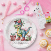 Christmas Blue Dino and Presents Boy Baby Shower ペーパープレート (パーティー)