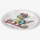 Christmas Blue Dino and Presents Boy Baby Shower ペーパープレート (アングル)