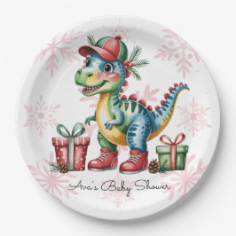 Christmas Blue Dino and Presents Boy Baby Shower ペーパープレート