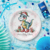 Christmas Blue Dino and Presents Boy Baby Shower ペーパープレート (パーティー)