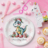 Christmas Blue Dino and Presents Boy Baby Shower ペーパープレート (パーティー)