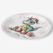 Christmas Blue Dino and Presents Boy Baby Shower ペーパープレート (アングル)