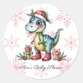 Christmas Blue Dino and Presents Boy Baby Shower ラウンドシール