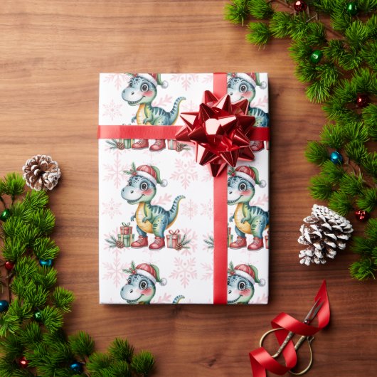 Christmas Blue Dino and Presents Boy Baby Shower ラッピングペーパー (クリスマスギフト)