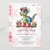 Christmas Blue Dino and Presents Boy Baby Shower 招待状 (正面/裏面)
