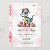 Christmas Blue Dino and Presents Boy Baby Shower 招待状 (正面/裏面)