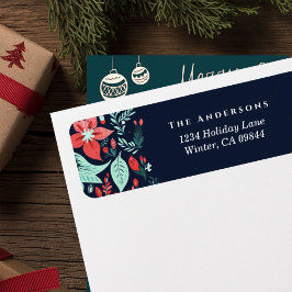 Christmas Blue Elegant Red Holiday Floral Address ラベル