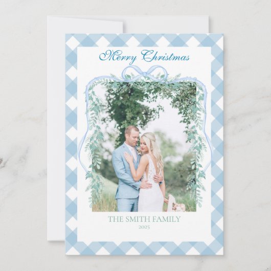 Christmas Blue Gingham Garland Grandmillenial シーズンカード (正面)