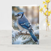 Christmas Blue Jay On a Snowy Pine  カード (黄色い花)
