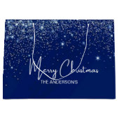 Christmas blue silver white glitter family name  ラージペーパーバッグ (正面)
