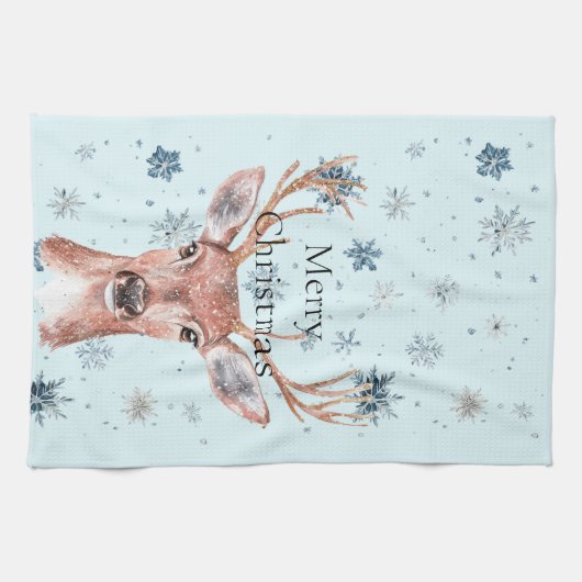 Christmas Blue Snowflakes Deer  キッチンタオル (横)