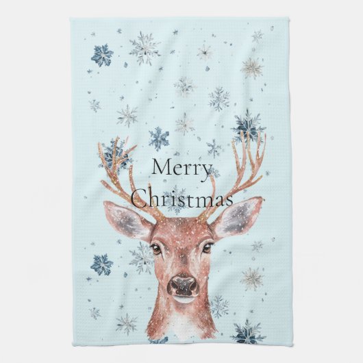 Christmas Blue Snowflakes Deer  キッチンタオル (縦)