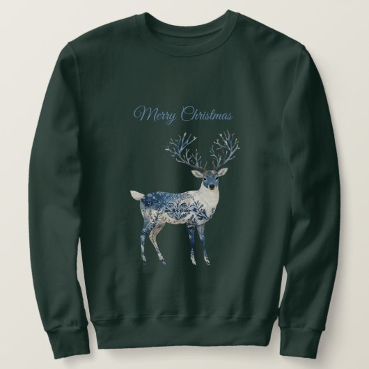 Christmas Blue White Chic Deer スウェットシャツ (デザイン正面)