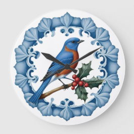 CHRISTMAS BLUEBIRD WITH WREATH ラージ壁時計