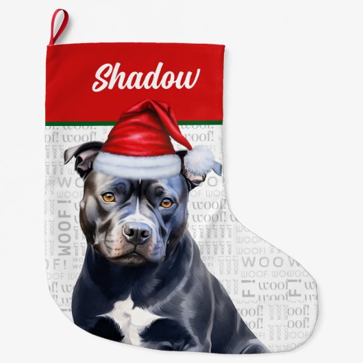 Christmas Bluenose Pitbull Name Woof Background ラージクリスマスストッキング (正面)