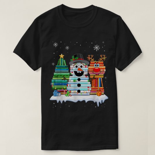 Christmas Book Lover Snowman Design Tシャツ (デザイン正面)
