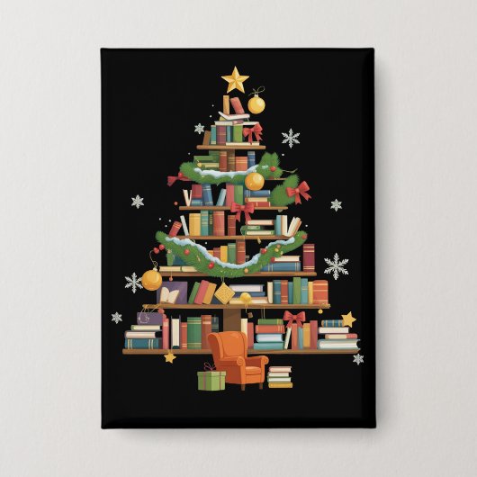Christmas Books Tree Book Lover Teachers Bookworm  缶バッジ (正面)