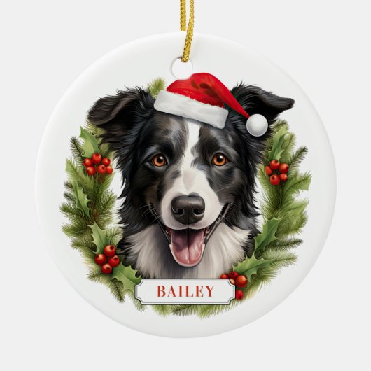 Christmas Border Collie Ceramic Circle Ornament セラミックオーナメント (正面)