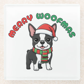 Christmas Boston Terrier Coaster: Merry Woofmas ガラスコースター