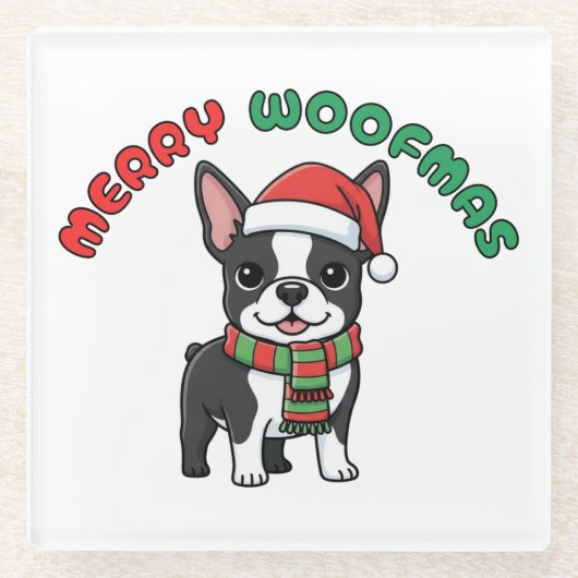 Christmas Boston Terrier Coaster: Merry Woofmas ガラスコースター (正面)