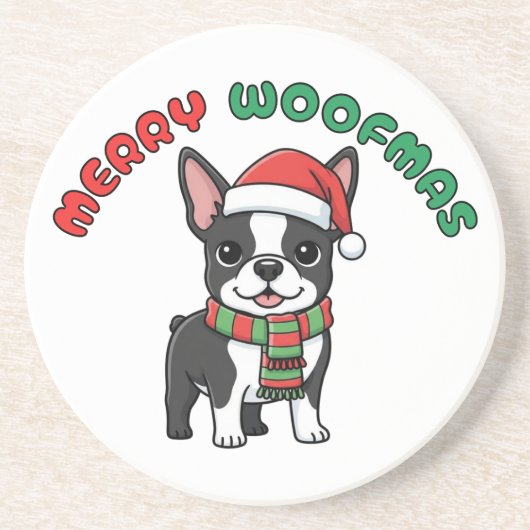 Christmas Boston Terrier Coaster: Merry Woofmas コースター (正面)